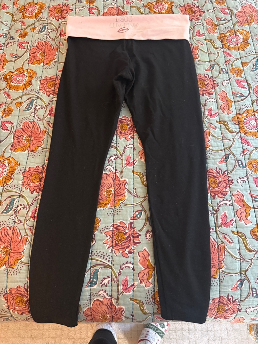 PINK Victoria's Secret Black Leggings with Light Pink Fold-Over Waistband